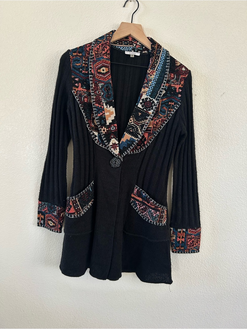 Sioni Black Cardigan with Multicolor Geometric Trim